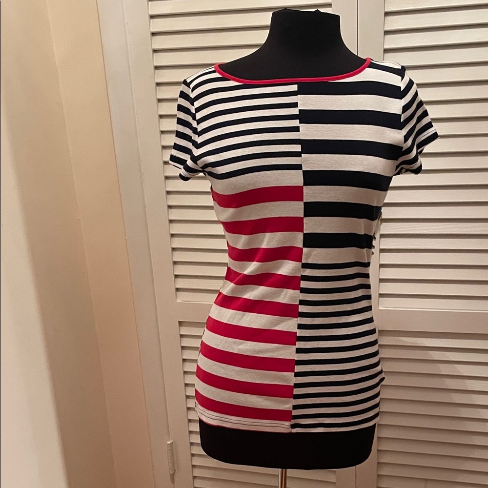 Chaps Black, White, and Red Striped Short Sleeve Top,